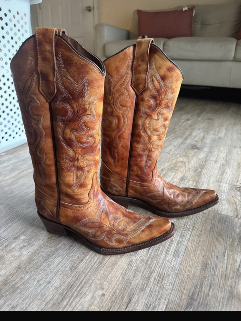 Circle G Tan and Brown Embroidered Leather Cowboy Boots
